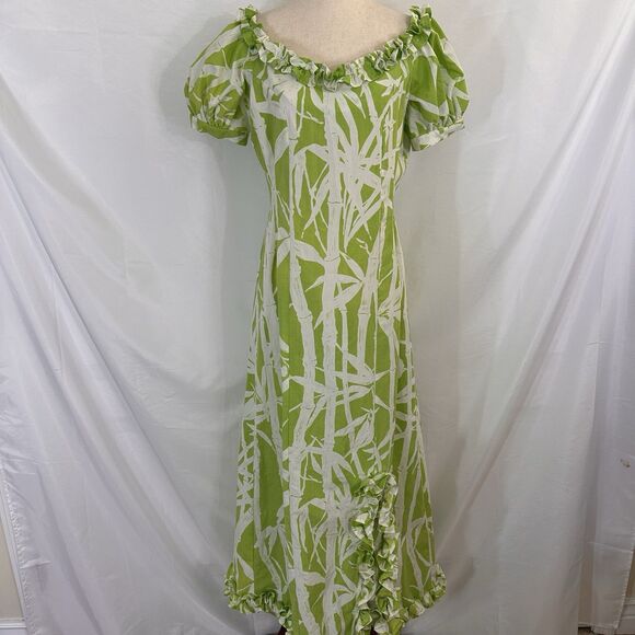 Handmade Polynesian-Style Dress Tiki Aloha Hawaiian M/L Green Bamboo